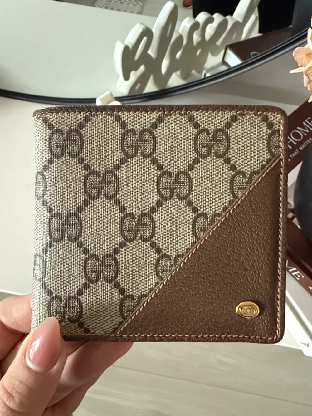 Gucci Beige & Brown Monogram Card Holder with Gold Accent wallet